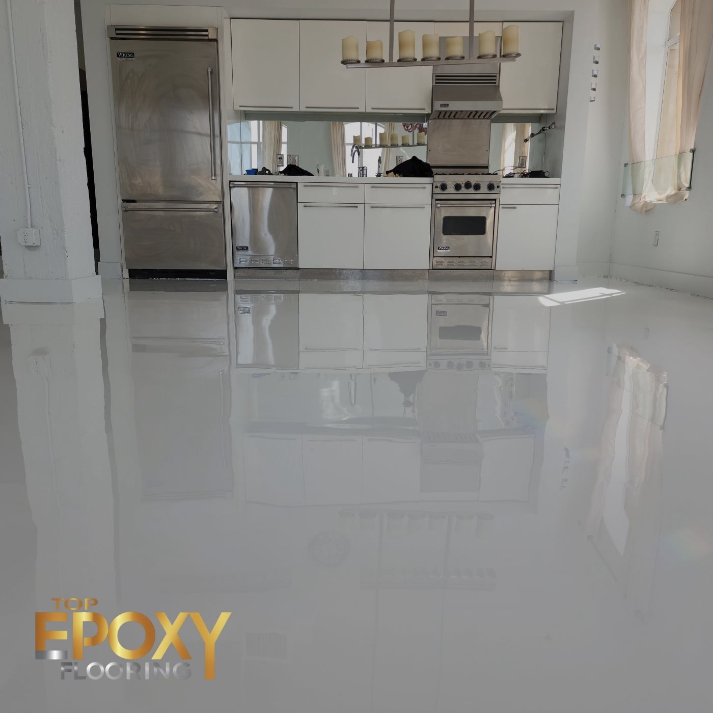high gloss white epoxy floor in kitchen